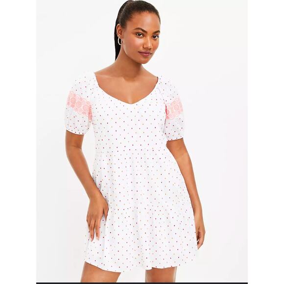 LOFT Embroidered Dot Swing Dress L White Pink V Neck Beach Travel Resort Cruise - Picture 1 of 8